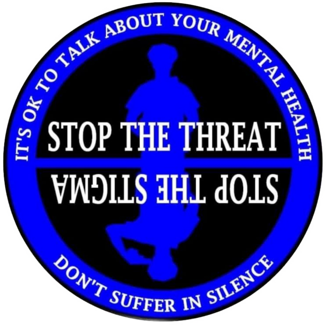 A collage featuring a police officer named Adam, shown in different scenarios highlighting the struggles of mental health in law enforcement. The center image is a circular logo with the text “STOP THE THREAT, STOP THE STIGMA” and “It’s OK to talk about your mental health. Don’t suffer in silence.” Around it, Adam is depicted wearing a police vest, sitting with his head down, appearing handcuffed and gagged, and at a desk with a gun and note labeled “SUICIDE.” The images symbolize the silent battles of mental health and the need for open conversations.
