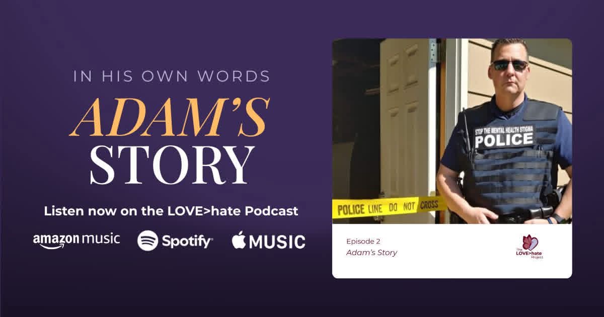 download A collage featuring a police officer named Adam, shown in different scenarios highlighting the struggles of mental health in law enforcement. The center image is a circular logo with the text “STOP THE THREAT, STOP THE STIGMA” and “It’s OK to talk about your mental health. Don’t suffer in silence.” Around it, Adam is depicted wearing a police vest, sitting with his head down, appearing handcuffed and gagged, and at a desk with a gun and note labeled “SUICIDE.” The images symbolize the silent battles of mental health and the need for open conversations.