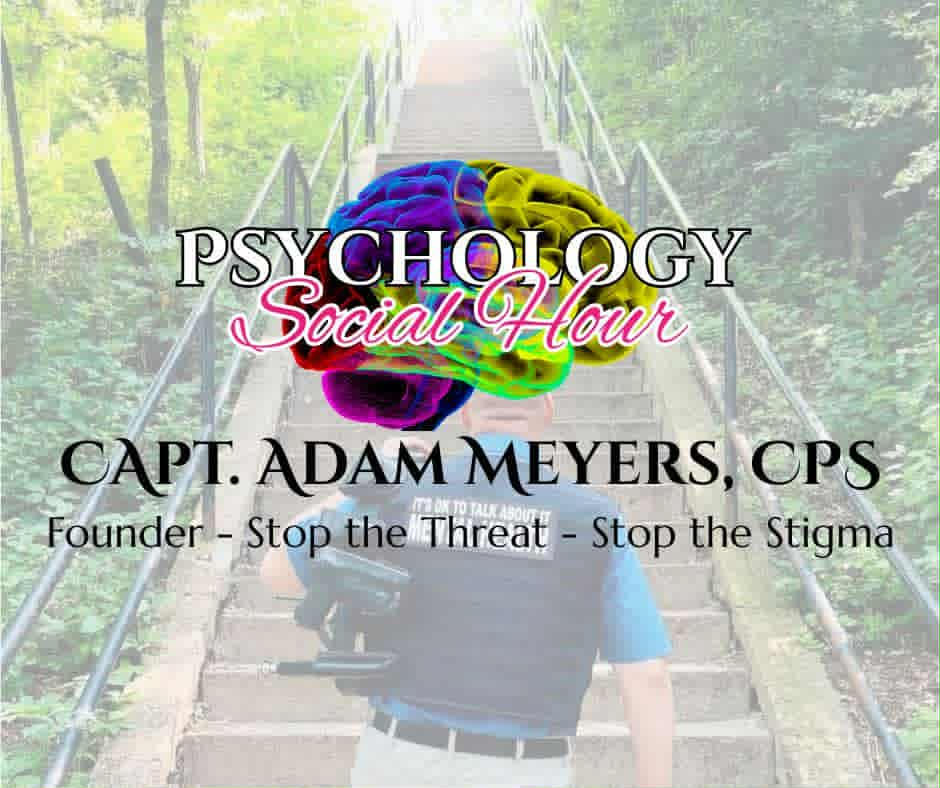 A collage featuring a police officer named Adam, shown in different scenarios highlighting the struggles of mental health in law enforcement. The center image is a circular logo with the text “STOP THE THREAT, STOP THE STIGMA” and “It’s OK to talk about your mental health. Don’t suffer in silence.” Around it, Adam is depicted wearing a police vest, sitting with his head down, appearing handcuffed and gagged, and at a desk with a gun and note labeled “SUICIDE.” The images symbolize the silent battles of mental health and the need for open conversations.