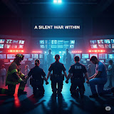 A collage featuring a police officer named Adam, shown in different scenarios highlighting the struggles of mental health in law enforcement. The center image is a circular logo with the text “STOP THE THREAT, STOP THE STIGMA” and “It’s OK to talk about your mental health. Don’t suffer in silence.” Around it, Adam is depicted wearing a police vest, sitting with his head down, appearing handcuffed and gagged, and at a desk with a gun and note labeled “SUICIDE.” The images symbolize the silent battles of mental health and the need for open conversations.